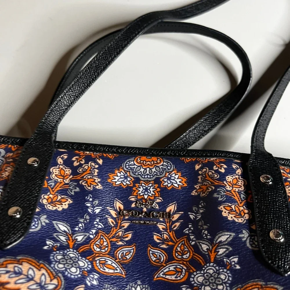 Coach Kaleidoscope Floral Print Zip Top Tote Navy Crossgrain Leather F11823